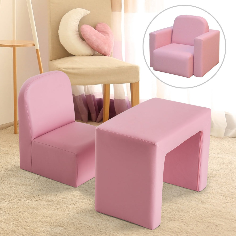 English Elm 2-in-1 Kids Sofa Convertible Table and Chair Set, Pink PVC Upholstered Toddler Armchair, 100lb Capacity, Lightweight Portable Fun W2225142240