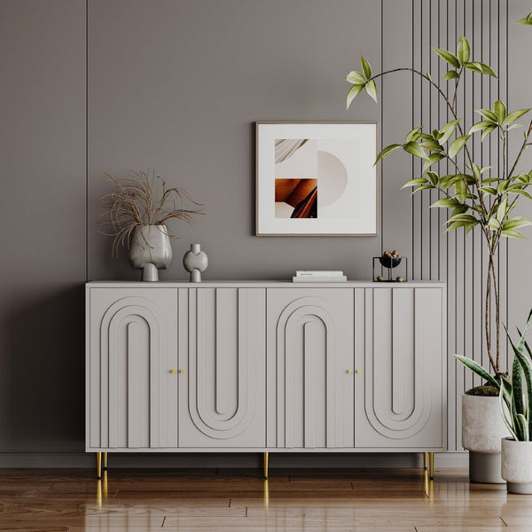 English Elm Accent Sideboard with Fluted Glass Doors Matte Black Lacquer Finish for Dining Entryway Gray W1435133312