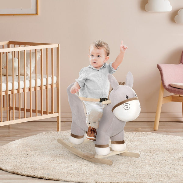 English Elm Kids Plush Donkey Rocker Toy with Sound Wood Base and Safety Belt for Toddlers W2225142252