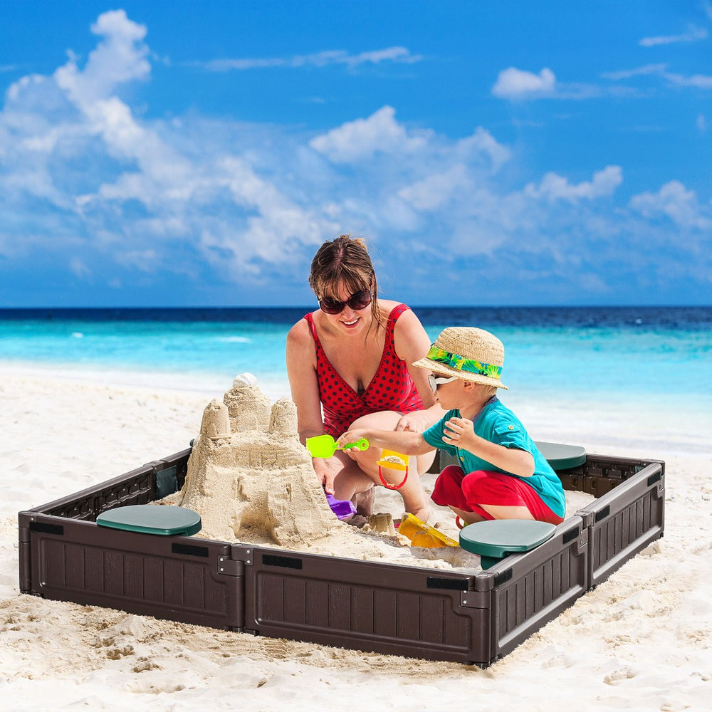 English Elm Kids Outdoor Hdpe Sandbox with Corner Seats Waterproof Cover Backyard Play Station W2225142263