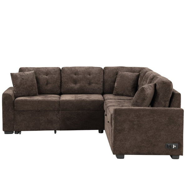 English Elm 82.6" Velveteen L-shaped Sleeper Sectional with Usb Ports and Power Sockets for Living Room SG001230AAD