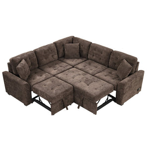 English Elm 82.6" Velveteen L-shaped Sleeper Sectional with Usb Ports and Power Sockets for Living Room SG001230AAD