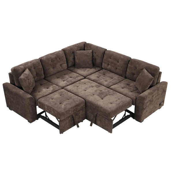 English Elm 82.6" Velveteen L-shaped Sleeper Sectional with Usb Ports and Power Sockets for Living Room SG001230AAD