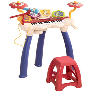 English Elm 2 in 1 Kids Electronic Keyboard Drum Set with 32 Keys Lights Microphone and Stool W2225142279