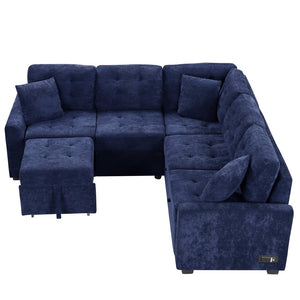 English Elm 82.6" Velveteen L-shaped Sleeper Sectional with Usb Ports and Power Sockets for Living Room SG001230AAC