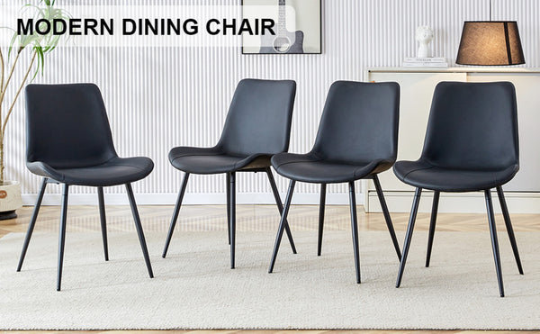 English Elm Black Pu Leather Dining Chairs Set of Six with Metal Legs Curved Cushioned Seats Black W1151126210