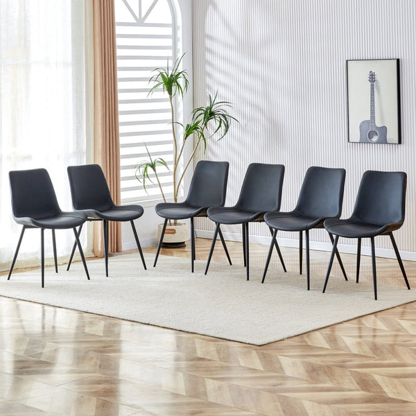 English Elm Black Pu Leather Dining Chairs Set of Six with Metal Legs Curved Cushioned Seats Black W1151126210