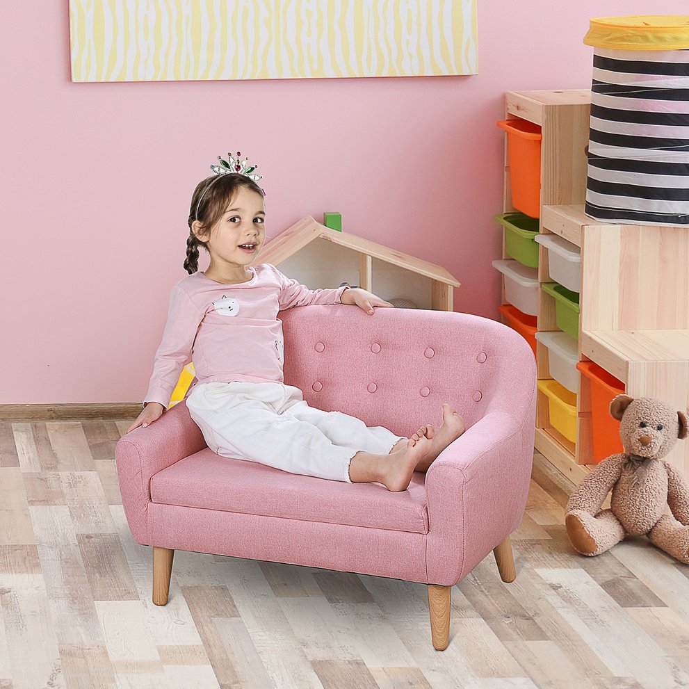 English Elm 2-Seat Kids Sofa Linen Upholstery with Wooden Frame, Durable Lightweight Design for Ages 3-7, Pink W2225142241