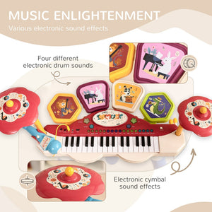 English Elm 2 in 1 Kids Electronic Keyboard Drum Set with 32 Keys Lights Microphone and Stool W2225142279