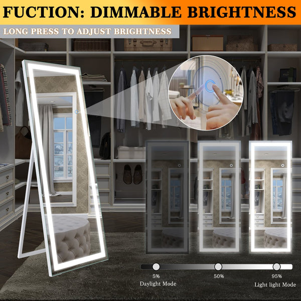 English Elm 65" LED Lighted Full-Length Mirror with Crystal Frame, Shatterproof HD Glass, Modern Standing Elegance W1340119589