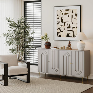 English Elm Accent Sideboard with Fluted Glass Doors Matte Black Lacquer Finish for Dining Entryway Gray W1435133312