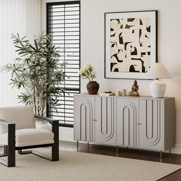 English Elm Accent Sideboard with Fluted Glass Doors Matte Black Lacquer Finish for Dining Entryway Gray W1435133312