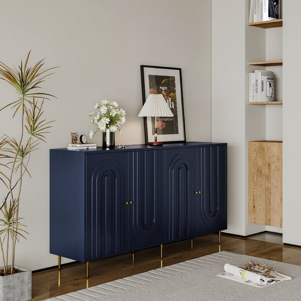 English Elm Accent Sideboard with Fluted Glass Doors Matte Black Lacquer Finish for Dining Entryway Blue W1435133313