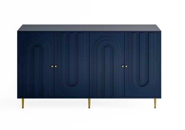 English Elm Accent Sideboard with Fluted Glass Doors Matte Black Lacquer Finish for Dining Entryway Blue W1435133313