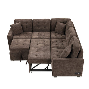 English Elm 82.6" Velveteen L-shaped Sleeper Sectional with Usb Ports and Power Sockets for Living Room SG001230AAD
