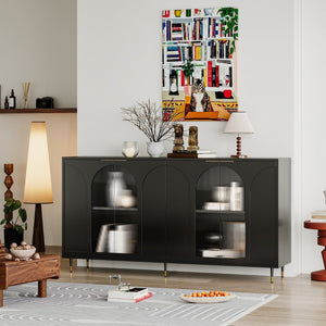 English Elm Accent Sideboard with Fluted Glass Doors Matte Black Lacquer Finish for Dining Entryway W1435133310