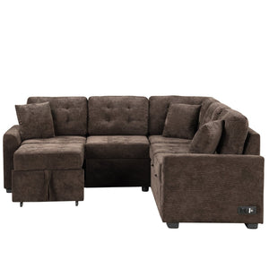 English Elm 82.6" Velveteen L-shaped Sleeper Sectional with Usb Ports and Power Sockets for Living Room SG001230AAD