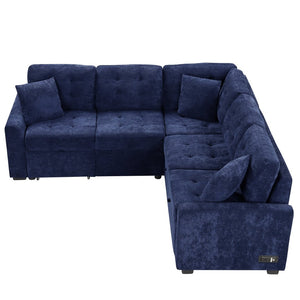 English Elm 82.6" Velveteen L-shaped Sleeper Sectional with Usb Ports and Power Sockets for Living Room SG001230AAC