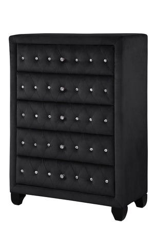 English Elm Sophia Velvet Tufted 5-Drawer Chest Black — Hollywood Regency Glam, Durable Upholstered Storage Piece 808857795083
