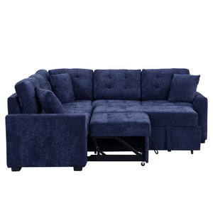 English Elm 82.6" Velveteen L-shaped Sleeper Sectional with Usb Ports and Power Sockets for Living Room SG001230AAC