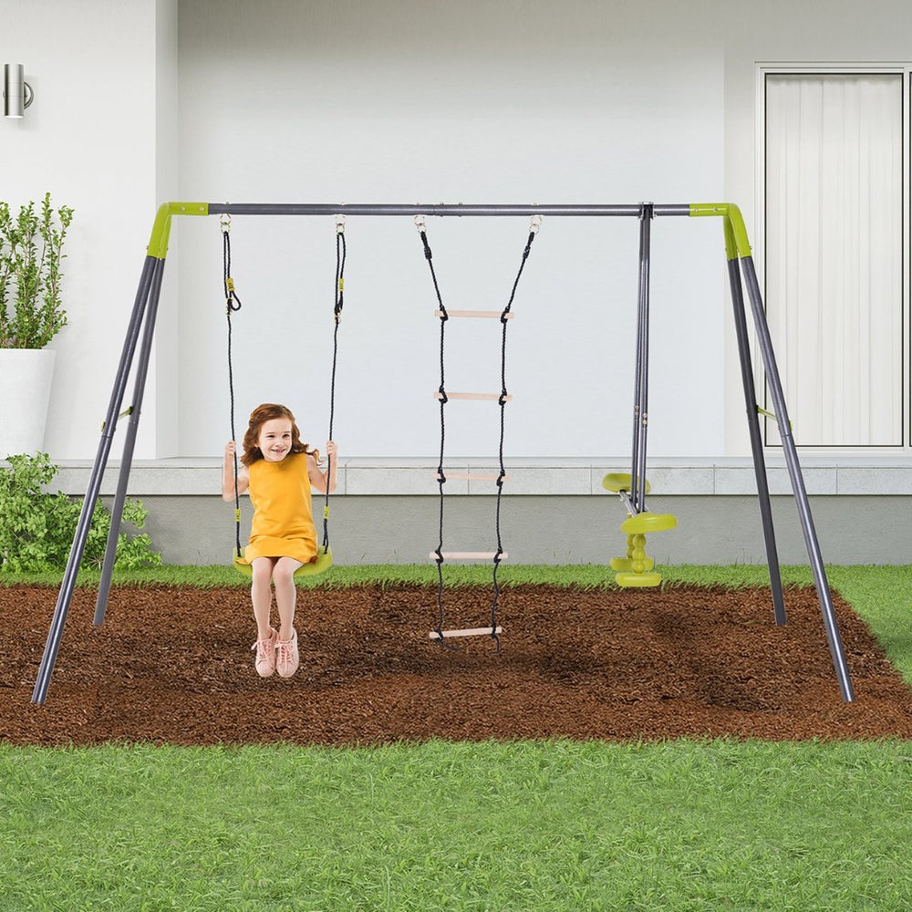 English Elm 3 Activity Backyard Swing Set Heavy Duty Powder Coated Metal Frame Fits Four Kids W2225142264