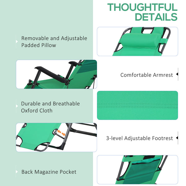 English Elm Tanning Chair with Adjustable 120°–180° Recline, Folding Lightweight Metal Frame, Pillow & Pocket - Portable Outdoor Lounge for Pool, Beach, Camping, Up to 330 lb capacity Green W2225142464