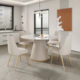 English Elm 53 Inch Modern Sintered Stone Round Dining Table With Stainless Steel Base With 4 Piece s Chairs