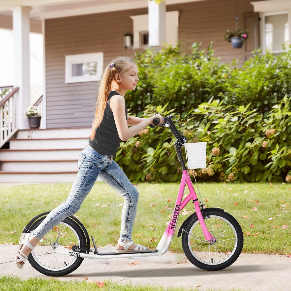 English Elm Youth Steel Frame Kick Scooter with Dual Brakes Inflatable Tires Basket and Cupholder W2225142277