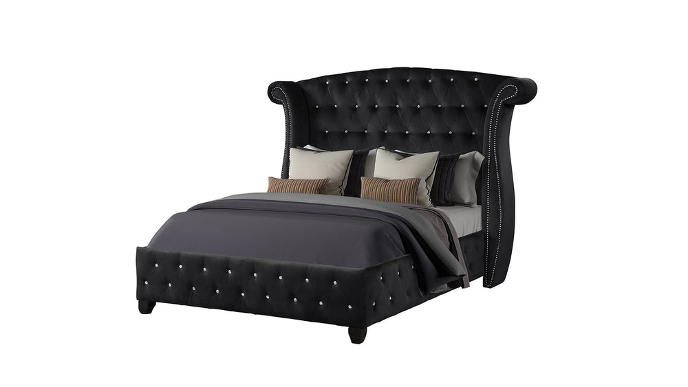English Elm Sophia Queen Bed with Crystal Tufted Black Upholstery, Solid Wood Frame, Glam Modern 5PC Set Options 808857727732
