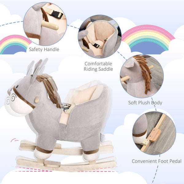 English Elm Kids Plush Donkey Rocker Toy with Sound Wood Base and Safety Belt for Toddlers W2225142252