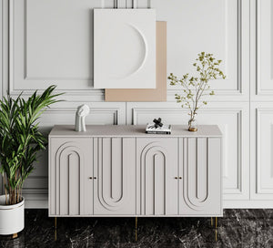 English Elm Accent Sideboard with Fluted Glass Doors Matte Black Lacquer Finish for Dining Entryway Gray W1435133312