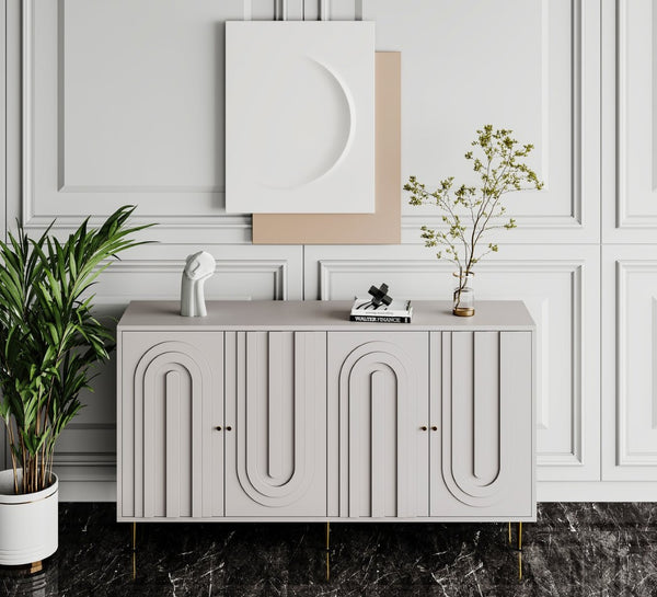 English Elm Accent Sideboard with Fluted Glass Doors Matte Black Lacquer Finish for Dining Entryway Gray W1435133312