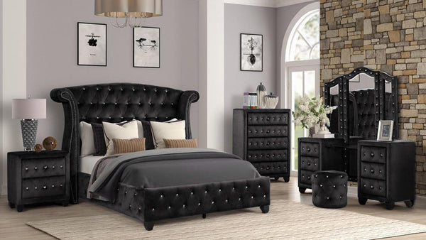 English Elm Sophia Velvet Upholstered Crystal Tufted 2-Drawer Nightstand in Black — Luxurious Storage & Glam Design 808857737601