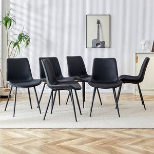 English Elm Black Pu Leather Dining Chairs Set of Six with Metal Legs Curved Cushioned Seats Black W1151126210