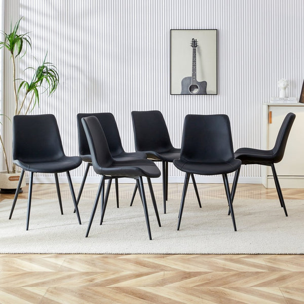 English Elm Black Pu Leather Dining Chairs Set of Six with Metal Legs Curved Cushioned Seats Black W1151126210