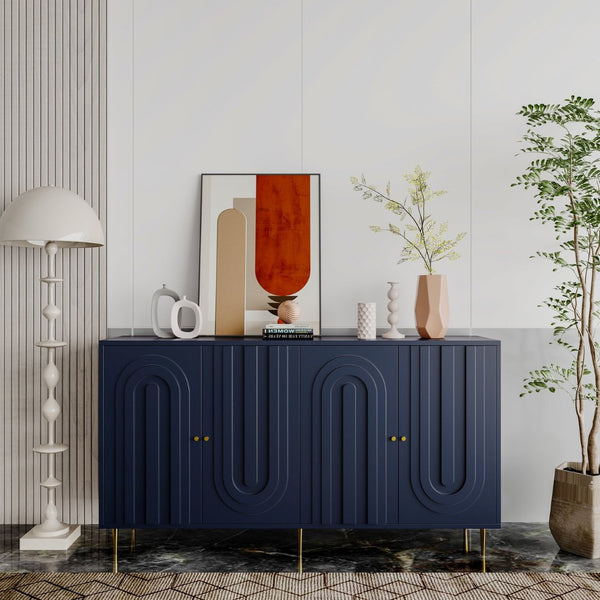 English Elm Accent Sideboard with Fluted Glass Doors Matte Black Lacquer Finish for Dining Entryway Blue W1435133313