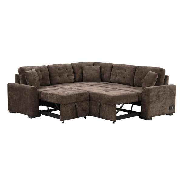 English Elm 82.6" Velveteen L-shaped Sleeper Sectional with Usb Ports and Power Sockets for Living Room SG001230AAD