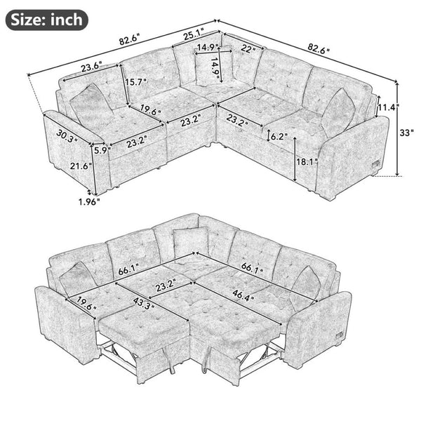 English Elm 82.6" Velveteen L-shaped Sleeper Sectional with Usb Ports and Power Sockets for Living Room SG001230AAC