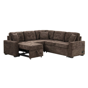 English Elm 82.6" Velveteen L-shaped Sleeper Sectional with Usb Ports and Power Sockets for Living Room SG001230AAD