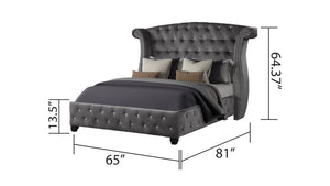 English Elm Modern Sophia Crystal Tufted Queen 4PC Vanity Set Gray Velvet Upholstered Bed with Glam Storage 733569234608