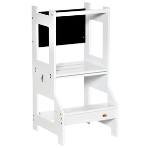 English Elm Kids Kitchen Tower 2-in-1 Toddler Step Stool with Chalkboard, Safety Rails, MDF Play Table White W2225142245