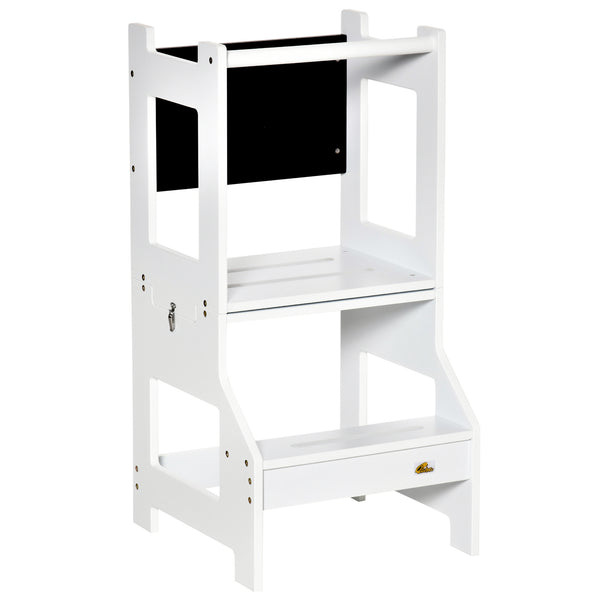English Elm Kids Kitchen Tower 2-in-1 Toddler Step Stool with Chalkboard, Safety Rails, MDF Play Table White W2225142245