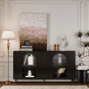 English Elm Accent Sideboard with Fluted Glass Doors Matte Black Lacquer Finish for Dining Entryway W1435133310