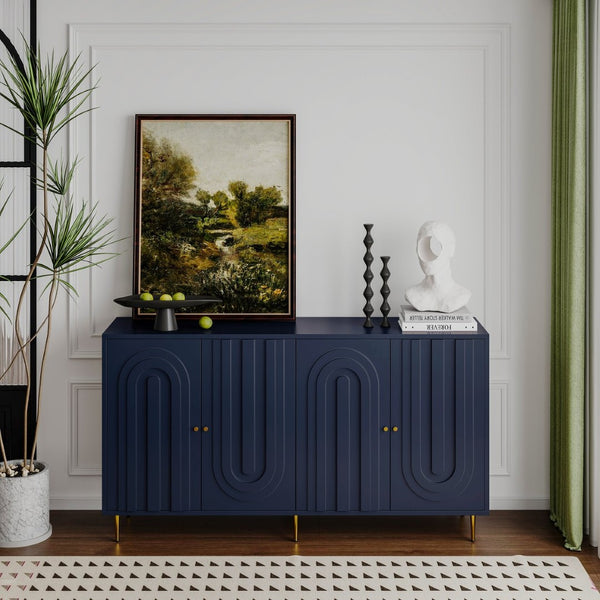 English Elm Accent Sideboard with Fluted Glass Doors Matte Black Lacquer Finish for Dining Entryway Blue W1435133313