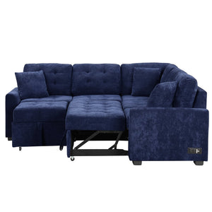 English Elm 82.6" Velveteen L-shaped Sleeper Sectional with Usb Ports and Power Sockets for Living Room SG001230AAC