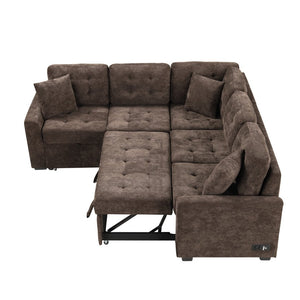 English Elm 82.6" Velveteen L-shaped Sleeper Sectional with Usb Ports and Power Sockets for Living Room SG001230AAD