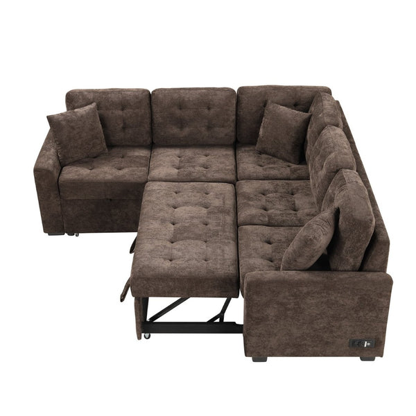 English Elm 82.6" Velveteen L-shaped Sleeper Sectional with Usb Ports and Power Sockets for Living Room SG001230AAD
