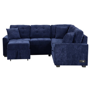 English Elm 82.6" Velveteen L-shaped Sleeper Sectional with Usb Ports and Power Sockets for Living Room SG001230AAC