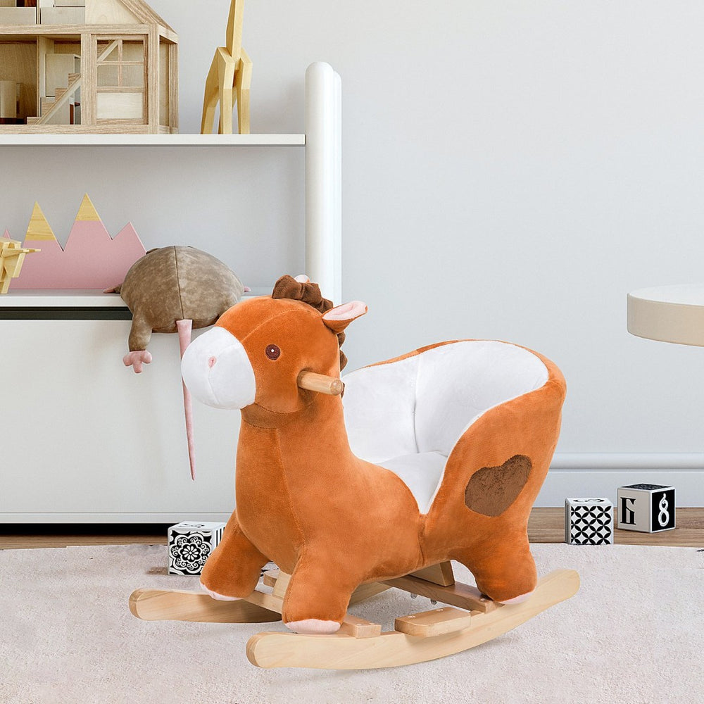 English Elm Kids Plush Rocking Horse with Wooden Base Steel Frame Lullaby for Nursery Play W2225142250