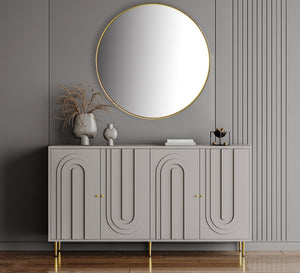 English Elm Accent Sideboard with Fluted Glass Doors Matte Black Lacquer Finish for Dining Entryway Gray W1435133312